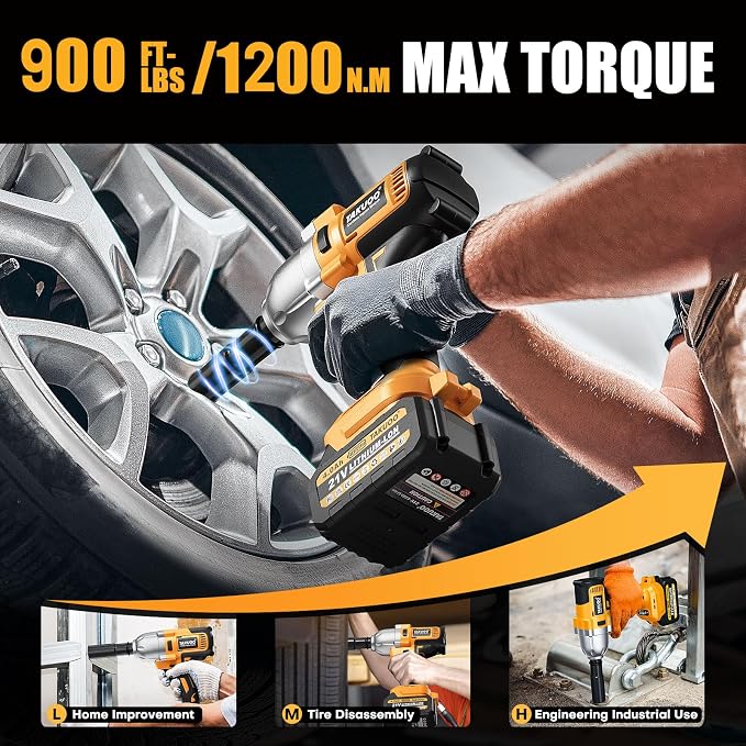 Takuoo Cordless 1/2 inch Brushless Impact Wrench, Max Torque (1200N.m) 900Ft-lbs Electric Impact Gun w/2x 4000mAh Battery, Charger & 6 Sockets, Power Impact Driver for Car Home