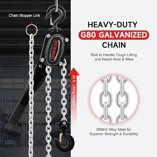 CREWORKS Lever Chain Hoist, 1-1/2 Ton 3300 lb Capacity 20 ft Manual Chain Hoist with G80 Galvanized Chain & Swivel Hooks, Heavy Duty Manual Lever Hoist for Construction Warehouse Automotive Factory