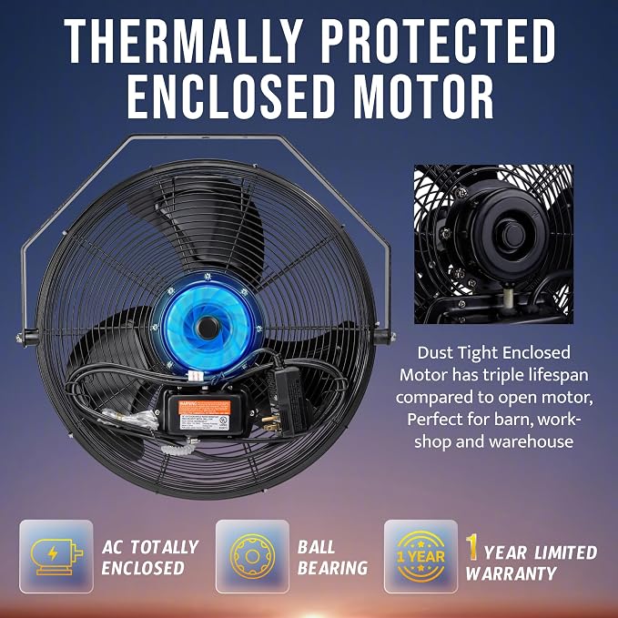 Tornado 18" Outdoor IPX4 Rated Water-Resistant Metal Industrial Wall Mount Fan, 3 Speed High Velocity Wall Fan For Commercial, Industrial, Residential Use, 4150 CFM 6.6 FT Cord 180°Tilting, Black