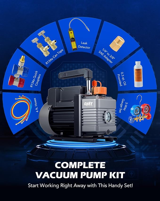 Orion Motor Tech AC Vacuum Pump and Gauge Set, 1/3 hp 4 cfm Vacuum Pump Manifold Gauge Kit with Leak Detector 3 Hoses & Accessories for R134a R12 R22 R502, A/C Vacuum Pump Kit for Auto HVAC Systems
