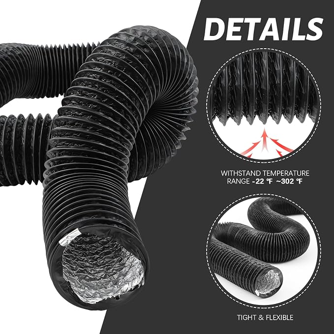Zonon Dryer Vent Hose 4 Inch x 100 Feet Flexible Aluminum Foil Ducting Non Insulated with Stainless Steel Clamps and Aluminum Tape for Pipe, HVAC Heating Cooling Ventilation and Exhaust(Black)