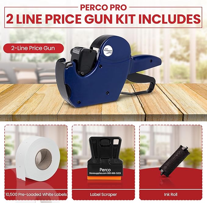Perco Pro 2 Line Price Gun Labeler Kit - Includes 2 Line Pricing Gun, 10,500 Plain White Labels, and Preloaded Inker