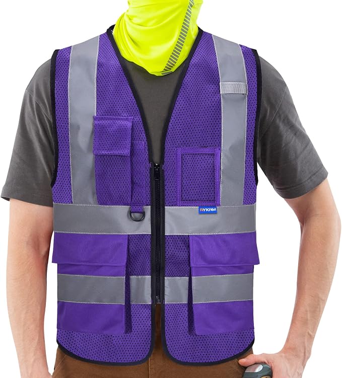 A-SAFETY Hi-Vis Reflective Mesh Vest, Multi-Color, Zipper, Purple, 4XL-5XL | Purple 4XL-5XL mesh vest with 7 pockets, reinforced pockets and front zipper for specialty contractors; unisex workwear.