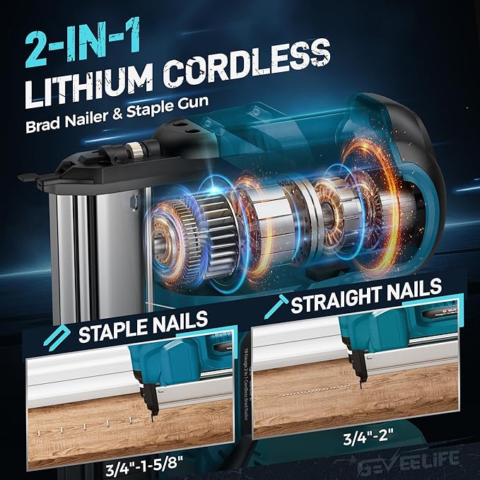 GEVEELIFE Cordless 2" Brad Nailer, 2-in-1 20V Nail Gun Cordless with 2×2.0Ah Batteries, 18GA Nail Gun & Staple Gun,1000pcs Nails, Adjustable Depth, 2 Modes for Wood Carpentry