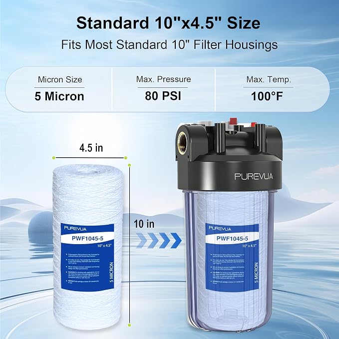 5 Micron 10"x4.5" String Wound Sediment Filter, Whole House Water Filter Cartridge for Well Water, Compatible with WP5BB97P, RS22, SWC-45-1005, Fits Standard 10" Big Housings, 4 Pack