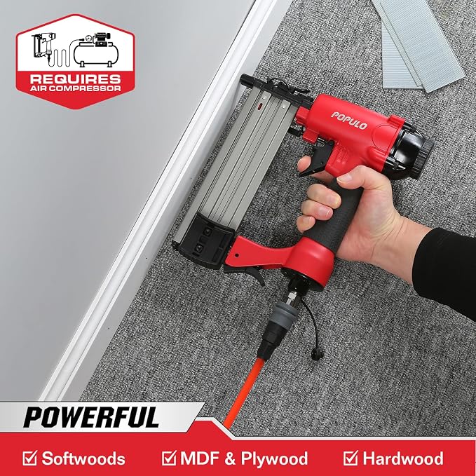 POPULO Pneumatic Brad Nailer & Staple Gun, 18 Gauge Air Powered Nail Gun, Requires External Air Compressor, Includes 1600 Nails & Staples for Upholstery, Trim, Furniture & Woodworking