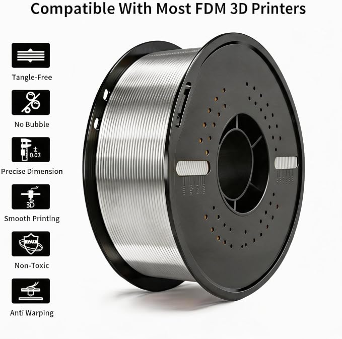 Silk PLA 3D Printer Filament 1.75mm Filajoy3D 3D Printing Filament 1KG Dimensional Accuracy +/- 0.03mm for Most FDM 3D Printers Silver