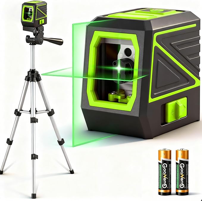 Laser Level with Tripod, 100 Ft Manual Self leveling Laser Level, Green Cross Line，Use for Picture Hanging Floor Construction Tile Wall Home Renovation, Indoor Project, Battery Included（Green)