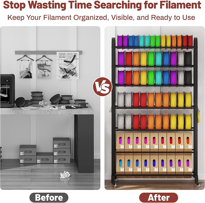 7-Tier 3D Printer Filament Storage Rack with Wheels, Heavy Duty Adjustable Metal Shelf Holds 80 Spools, Tall Mobile Filament Organizer with Hooks for 3D Printing Business & Workshop