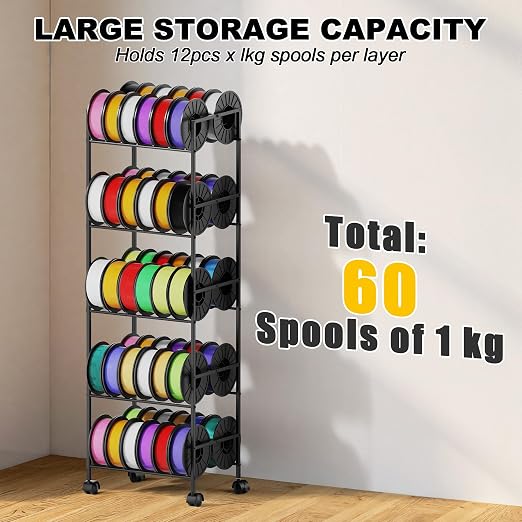 3D Printer Filament Storage Rack with Wheels, 5-Tier Rolling Spool Holder Stand Cart, Holds up to 60x1kg Spools, Heavy Duty Metal Filaments Organizer Shelf for Printing Studio Office Workshop