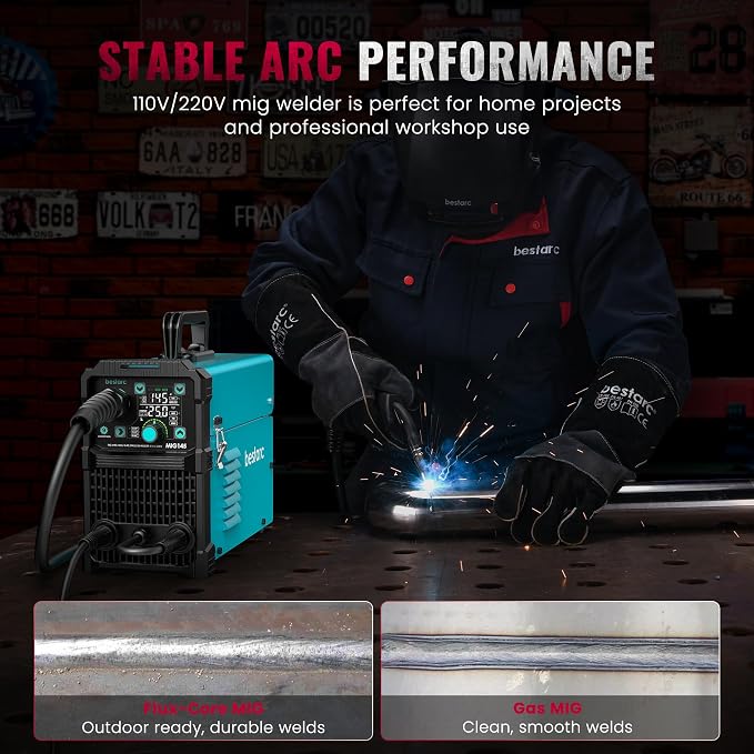 Bestarc 145A MIG Welder 110V 220V, 4 in 1 Gasless Flux Core MIG/Lift TIG/Stick Welder, Synergic IGBT Inverter Welding Machine with Large LED Display, Dual Voltage for Beginners DIY