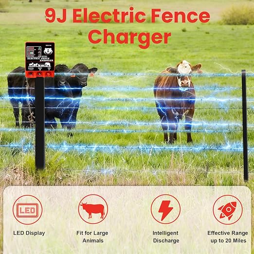 9J Electric Fence Charger Energizer, 9 Joules 20 Miles Plug-in Fencer, AC 110-240V/DC 12V, 12KV High Output Voltage, with Display Alarm and Remote, Deter Predators, Contain Cattle Horses and Livestock
