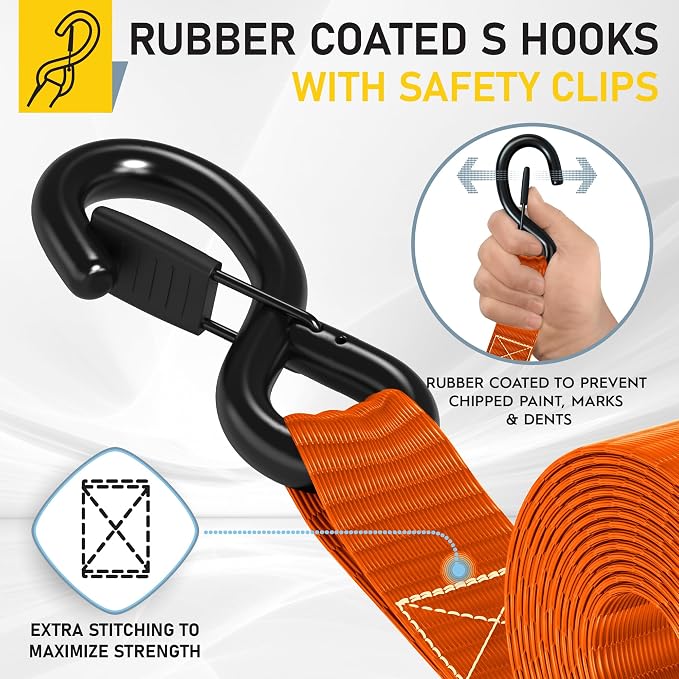 AUGO Heavy Duty Ratchet Straps & Soft Loops – Pack of 4 Extra Strong 1.5” by 15’ Ratchet Straps w/S-Hook Safety Latches & 4 Soft Loop Tie Downs – 4400Lb Break Strength for Motorcycles, ATVs, Etc.