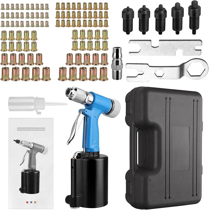 AUTOUTLET Heavy Duty Pneumatic Rivet Nut Gun with 100PCS Rivet Nuts, Thread Setter Kit with 5pcs Metric Mandrels for Body Panels, Bicycle Attachments, Furniture and Decorations