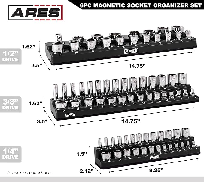 ARES 60160 - Magnetic Socket Organizer, 6-Piece Metric & SAE, 143 Sockets | Fits 1/4 in, 3/8 in, 1/2 in Drive