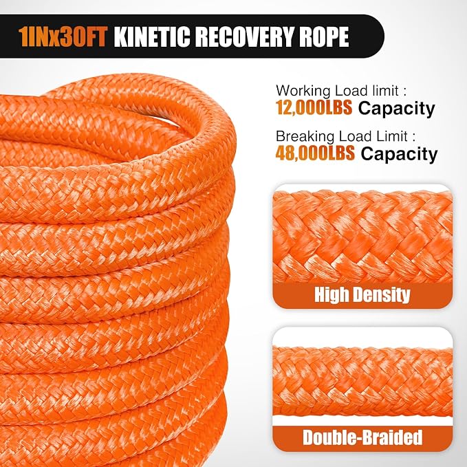 Nilight Kinetic Recovery Tow Rope Kit with 3/4" Anti-Theft D-Ring Shackles 1" x 30ft Heavy Duty Offroad Tow Rope Snatch Strap Towing Strap kit 48,000LBS for UTV ATV SUV Truck Car Jeep Tractor