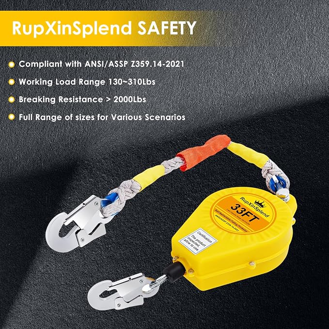 Fall Arrester Protector Self Retractable 33FT Fall Protection Gear Double Locking, Dual PPE+Alloy Steel housing Heavy Duty Lifeline Safety Lanyard Rope Cable Wire Roofing Construction