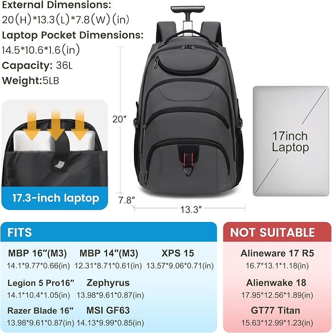Boavan Rolling Backpack,17 inch Water Resistant Wheeled Backpack,Carry on Luggage Business Bag, Overnight College Computer bag Trolley Suitcase for Men Women Adults to Travel，Grey
