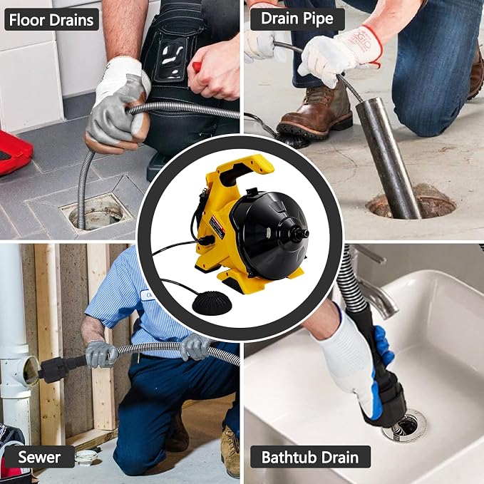 Drain Cleaner Machine 30Ft x 3/10In, Auto-Feed Electric Drain Snake with Foot Switch, Piano Wire Cable for 3/4"–2" Pipes, Sewer Snake for Sinks, Toilets & Floor Drains