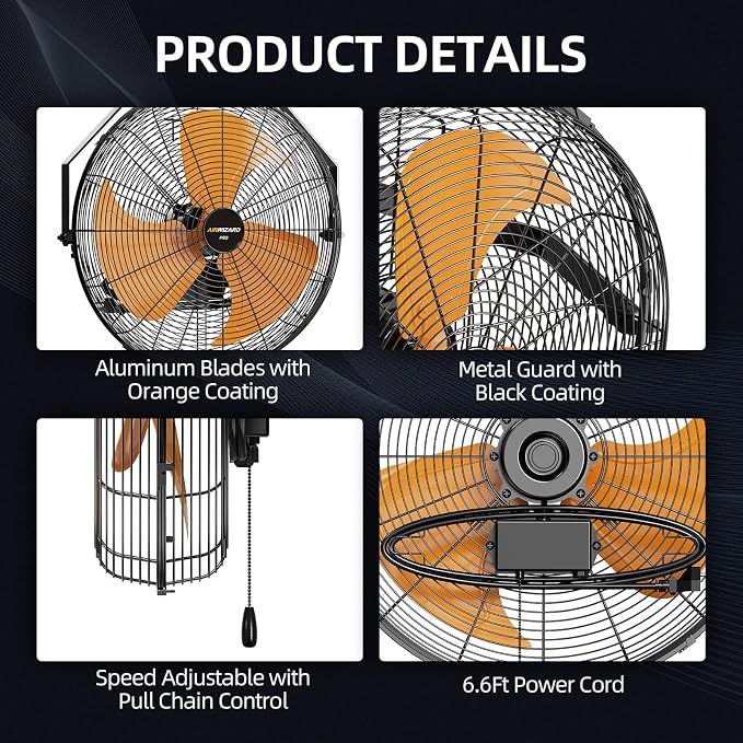 Pro Serie 20 Inch Industrial Wall Mount Fan, 5850 CFM High Velocity Metal Wall Fan, 3 Speed, Adjustable Tilt, Commercial Use for Garage, Gym, Patio, Workshop, Basement, Greenhouse, UL Listed