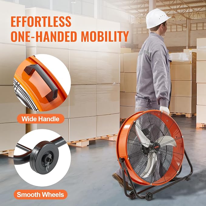 VEVOR Drum Fan, 24 Inch 8700 CFM High Velocity Heavy Duty Floor Shop Fan, 3-Speed, 5ft Cord, 360°Adjustable Tilting, Commercial Industrial Use for Warehouse, Workshop, Factory, Basement