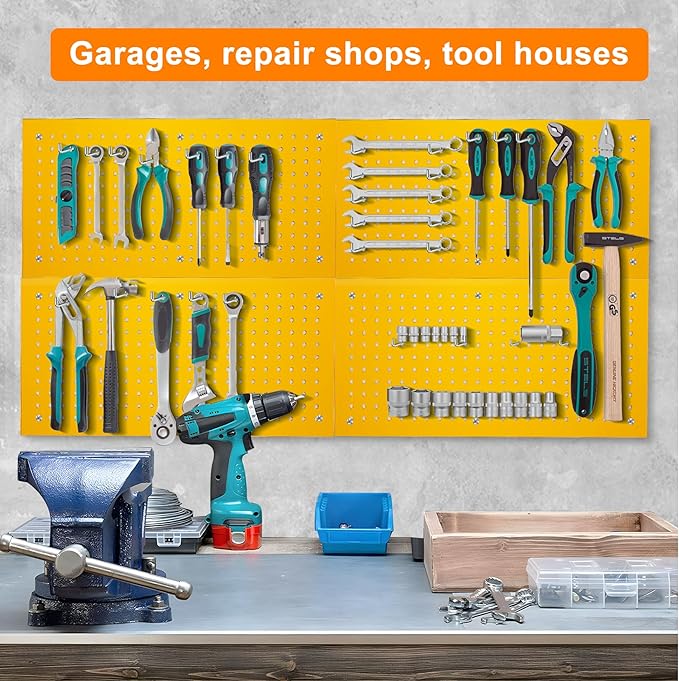 Metal Peg Board Panels, Pegboard Panels, Heavy Duty Pegboards | 4 Pack Yellow Peg Boards, Wall Organizer For Workbench, Shop, Shed, Modular Organizer Board Kit, Wall Organizer
