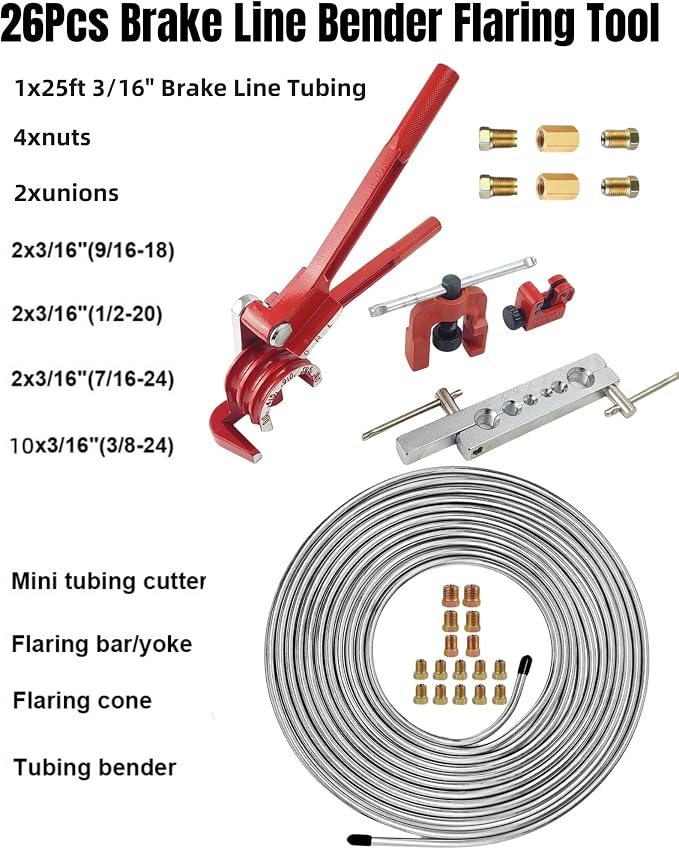 3/16 Inch 26Pcs Brake Line Bender Flaring Tool Include 25FT Zinc-Plated Copper Coated Brake Bending Lines and Single Flare Cutter Repair Kit 16 Rust-Resistant Fitting 4 Nut 2 Union, Sliver