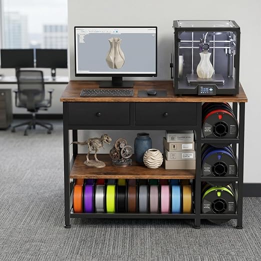 3D Printer Stand with Storage,3-Tier Heavy Duty 3 D Printer Table Shelf with 2 Fabric Drawers, 3 D Printing Desk for Tools and Supplies (Brown)