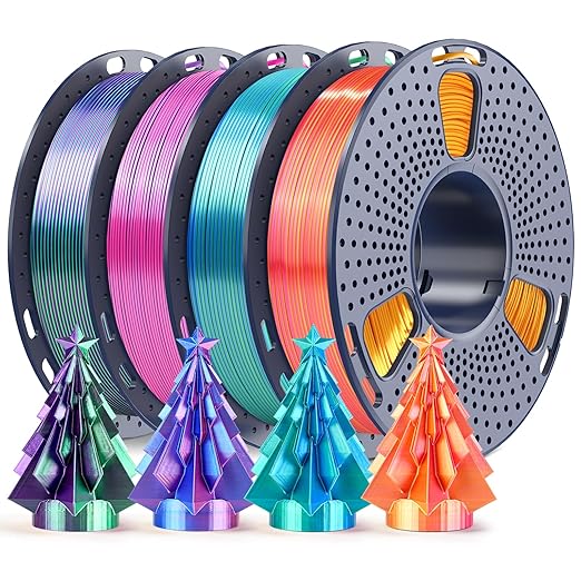 250g Silk Dual Color PLA Filament 1.75mm Bundle, SUNLU 3D Printer Filament, Coextruded Shiny Multicolor PLA, Individually Vacuum Packed, 4 Rolls, Red Gold+Blue Green+Red Blue+Green Purple
