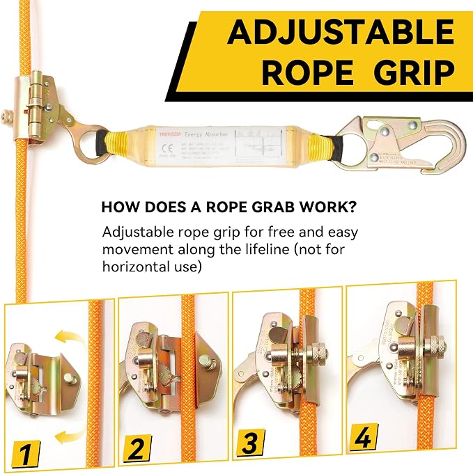 Fall Protection Safety Rope 150FT Roofing Harness Safety Lanyard Tree Climbing Line Kit with Alloy Steel Grab Snap Hooks Shock Absorber Heavy Duty Roof Safety Equipment ANSI CE