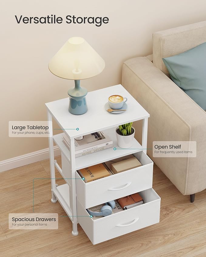 SONGMICS Nightstand, Bed Side Table, End Table with 2 Drawers and 1 Open Shelf, Industrial, Set of 2, Cloud White, BELLAH Collection ULGS062W101S