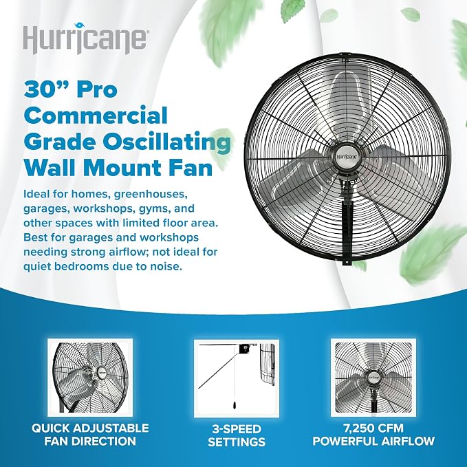 Hurricane 30" Pro Commercial Grade Oscillating Wall Mount Fan, Black - Heavy-Duty All-Metal Corded Electric Air Cooling Unit for Home, Garage, Greenhouse, or Workshop