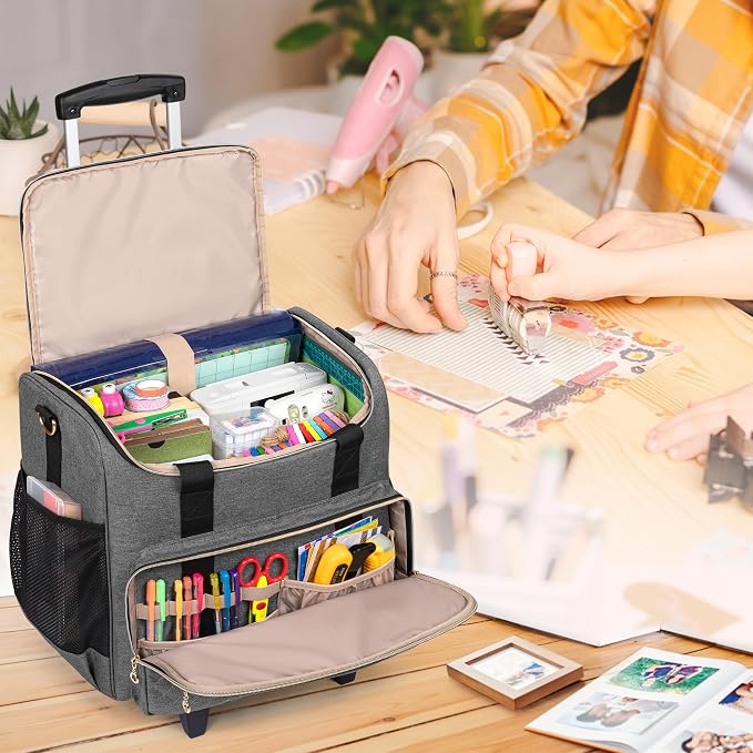 LUXJA Rolling Craft Bag with Pockets for 12 x 12 inch Scrapbook Album and Laptop, Rolling Scrapbook Tote with Detachable Dolly (Patent Pending), Gray