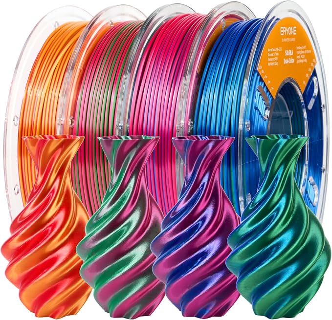 ERYONE PLA Filament 3D Printer Filament Bundle Multicolor 1.75mm +/- 0.03mm, PLA Filament 250g Spool, 4 Rolls, Silk Dual Color 1