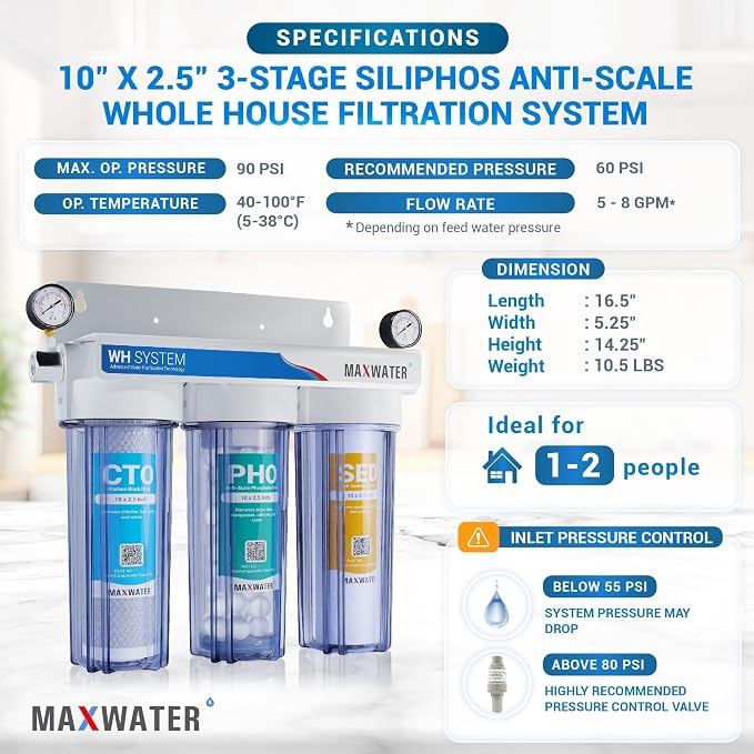 Max Water 3 Stage (Good to Protect Home from Scale & Corrosion) 10 inch Standard Water Filtration System for Whole House - Sediment + Anti Scale + CTO Post Carbon - 3/4" Inlet/Outlet - Model : WH-SC1