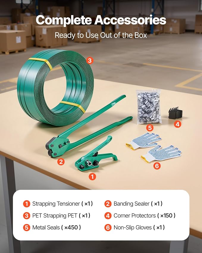 VEVOR Banding Strapping Kit, Heavy Duty Banding Sealer Tool with 1500 ft PET Band, 450 Metal Seals, 150 Corner Protectors & Gloves, Plastic Pallet Packaging Strapping Kit for Warehouse/Shipping/Moving