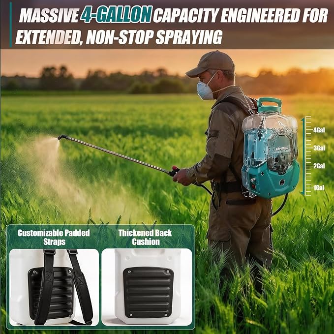 Battery Powered Backpack Sprayer Compatible with Ma-Kita 18V Battery, 100 PSI Electric Garden Sprayer 4 Gallon with 4.0Ah Battery, 6 Hours of Runtime, Telescopic Wand, 8 Nozzles for Weed Pest Control