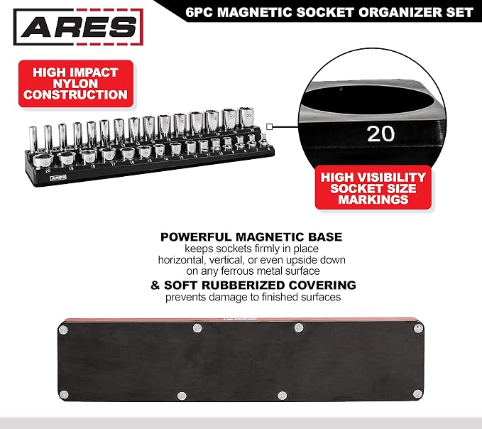 ARES 60160 - Magnetic Socket Organizer, 6-Piece Metric & SAE, 143 Sockets | Fits 1/4 in, 3/8 in, 1/2 in Drive