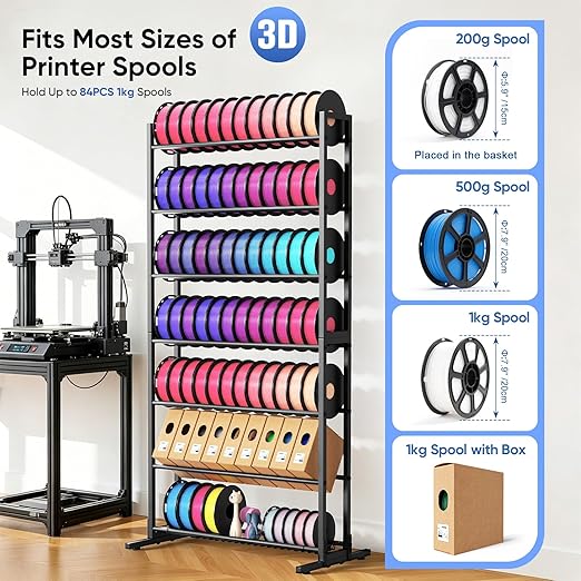 3D Printer Filament Storage Rack with Removable Basket, 7-Tier Heavy Duty Metal Spool Organizer Holds 84 Spools, Large Capacity Shelf for 3D Printing Station, Workshop, Office & Studio
