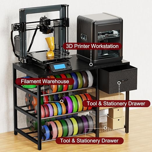 3D Printer Stand with Filament Storage Rack, Black 3D Printer Table with Power Outlet, 3-Tier Filament Holder with Drawer, 3D Printer Filament Stand Organized for Office Workshop Studio
