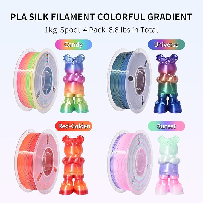 RAMBERY Silk Rainbow PLA 3D Printer Filament Bundle 4 Colors 1.75mm Multicolor 3D Printing Filament, 1kg(2.2lb) X4PCS, Candy/Universe/Red-Golden/Sunset Glow