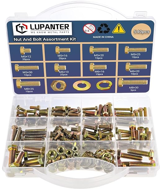 540 pcs Metric Bolt and Nut Set - M5/M6/M8 Class 8.8 Heavy Duty Hexagon Bolts and Nuts Assortment Kit with Yellow Zinc Plated Coating