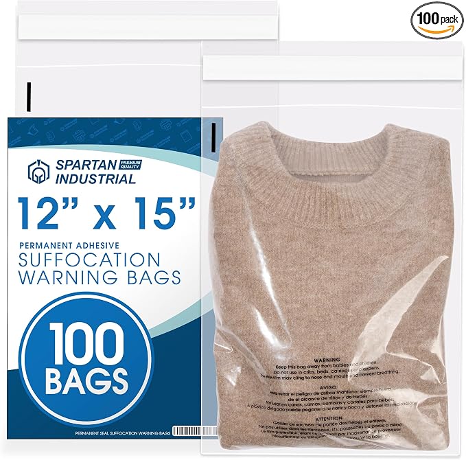 Spartan Industrial - 12” X 15” (100 Count) Self Seal Clear Poly Bags with Suffocation Warning for Packaging, T Shirts & Shipping - Permanent Adhesive