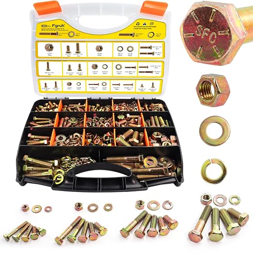 800PCS SAE Bolts and Nuts Assortment Kit,1/4-20, 5/16-18, 3/8-16, 1/2-13 Grade 8 Heavy Duty Hex Bolts Nuts and Washers Assorted kit,Yellow Zinc Plated