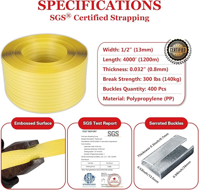 Packaging Strapping, Poly Straps, Carton Banding Strap (1/2" x 4000 ft x 0.032" PP Polyprophlene Coil Roll and 400 Buckles) - Certified 300 lbs Break Plastic Strap