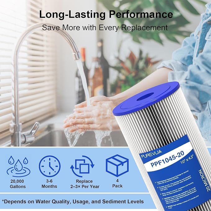 4-Pack 10" x 4.5" Pleated Sediment Water Filter Cartridge 20 Micron High Flow Whole House Water Filter Replacement for Well Water, Compatible with Culligan R50-BBSA, GE FXHSC, ECP5-10B, R30-BB