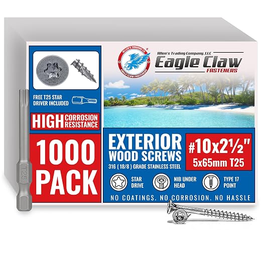 Allen's Trading Co. 316 Stainless Steel Screws Marine Grade | Stainless Steel Wood Screws w/Driver Bit | High Corrosion Resistance for Coastal Construction - T25 Star, 1000 Pack, 10 x 2.5 inch