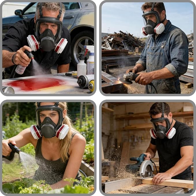 Full Face Respirator Mask with Extra Filters, Reusable Gas Mask for Organic Vapors, Dust, Paint, Chemical Work & Woodworking, Complete Kit with Earplugs & Storage Bag