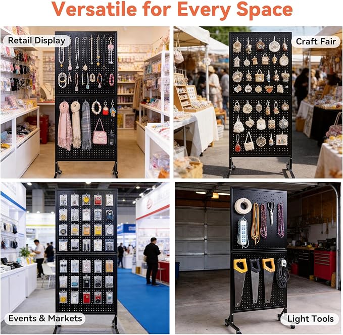 2'×5.5' Standing Peg Board Display Stand with Wheels & 30 Hooks & T-Base, Metal Portable Heavy Duty Pegboard Display Rack with Locking Casters for Retail Store, Craft Show, Vendors, Art Display Black
