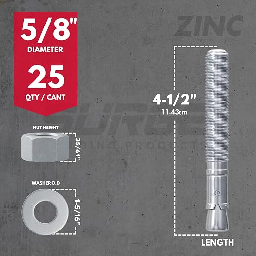 5/8 x 4-1/2" Zinc-Plated Wedge Anchors for Concrete and Cement | Heavy-Duty 5/8 Concrete Anchors (Box of 25)